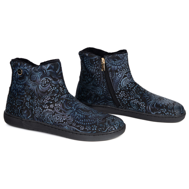 Dámské barefoot zimní kožené boty zateplené kožíškem Olivier 202MP černé a tmavě modré s květinami 
