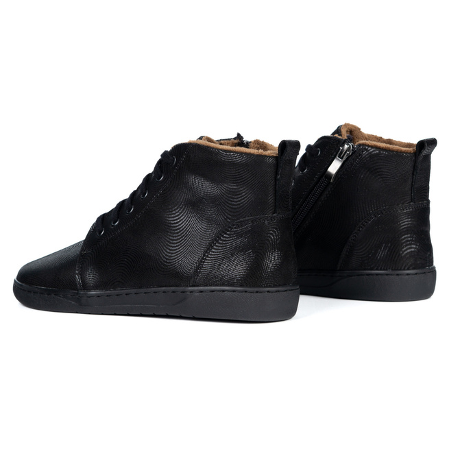 Damskie buty barefoot zimowe skórzane ZB04 ocieplane obuwie minimalistyczne czarne fala