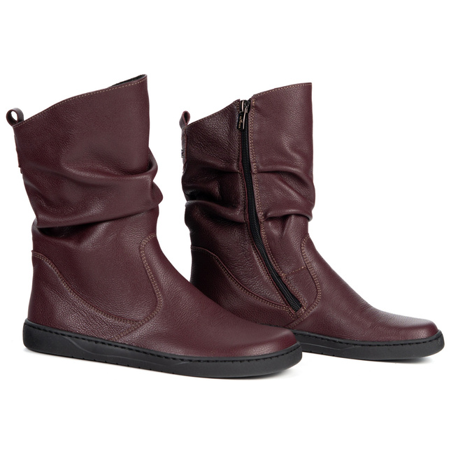 Buty Damskie botki BAREFOOT skórzane ocieplane Freja polskie bordowe lico