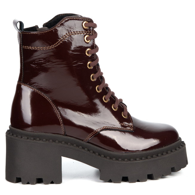 Botki damskie skórzane Olivier 404BB sznurowane na słupku z zamkiem bordowe