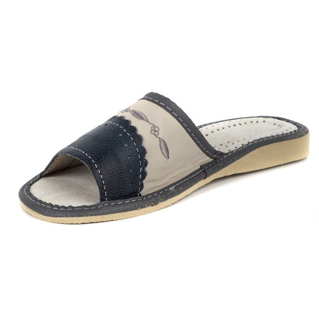 Dámské kožené pantofle Highlander M76 ecru s šedou barvou