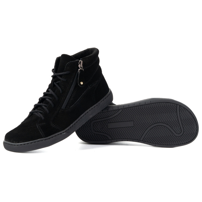 Damskie minimalistyczne buty skórzane zimowe barefoot 1261 czarny welur