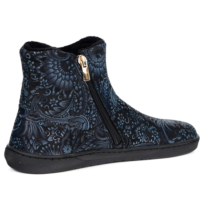 Dámské barefoot zimní kožené boty zateplené kožíškem Olivier 202MP černé a tmavě modré s květinami 