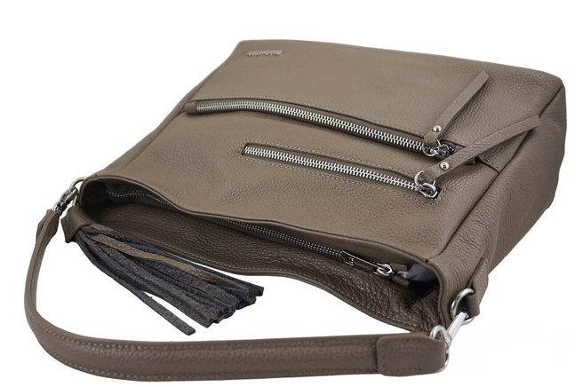 Pojemna skórzana torba z frędzlem - Beżowa ciemna