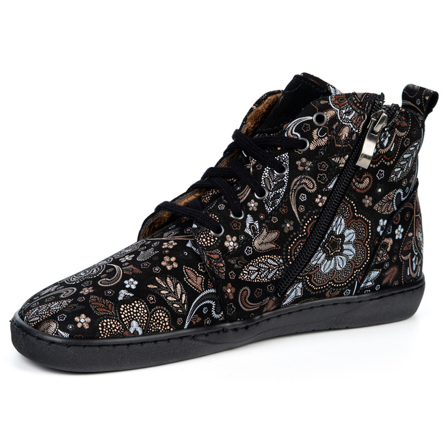 Buty damskie zimowe barefoot skórzane Z-B04 czarne w brązowe wzory