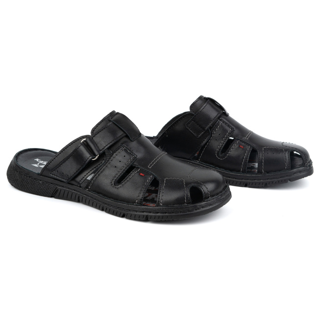 Klapki męskie skórzane KAMPOL Polskie tęgie 221KAM czarne