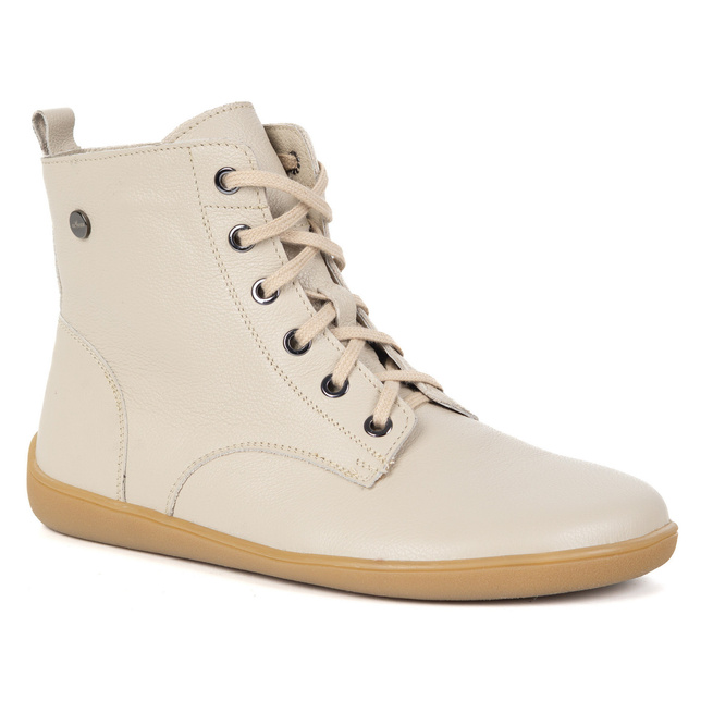 BAREFOOT dámské kožené boty 1795POL - zateplené, šněrovací se zipem béžové barvy