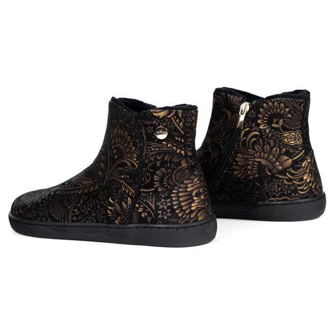 Damskie botki barefoot zimowe skórzane ocieplane futerkiem Olivier 202MP kwiaty złote