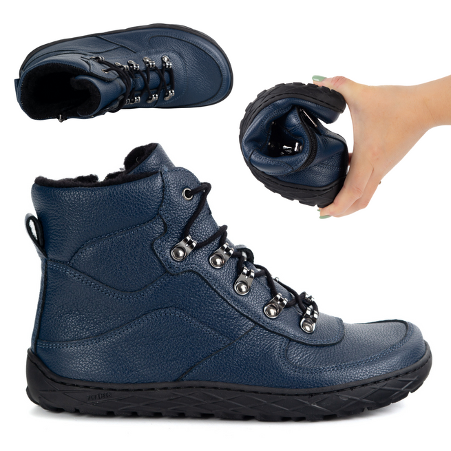 Dámské barefoot zimní boty kožené zateplené vlněné lehké tmavě modré 1292