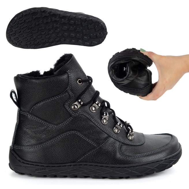 Buty barefoot zimowe damskie skórzane ocieplane wełną szeroki przód czarne 1292