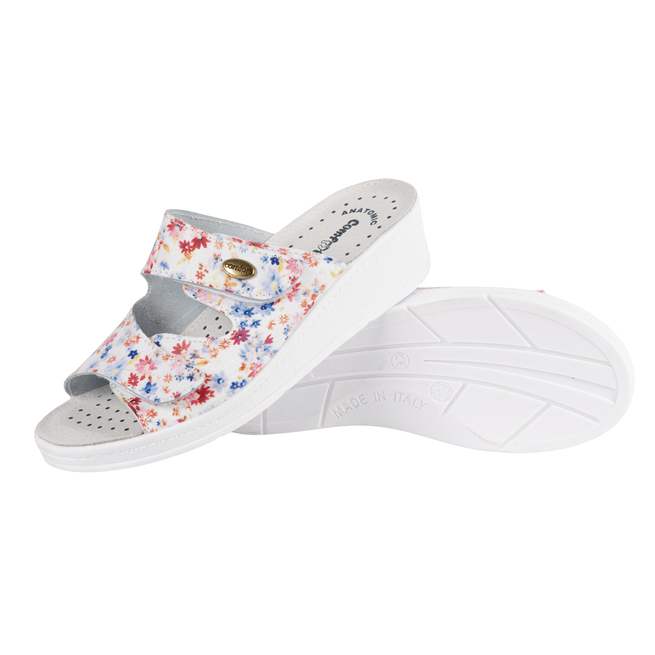 Buty skórzane damskie klapki regulowane medyczne GIULIA w kwiaty
