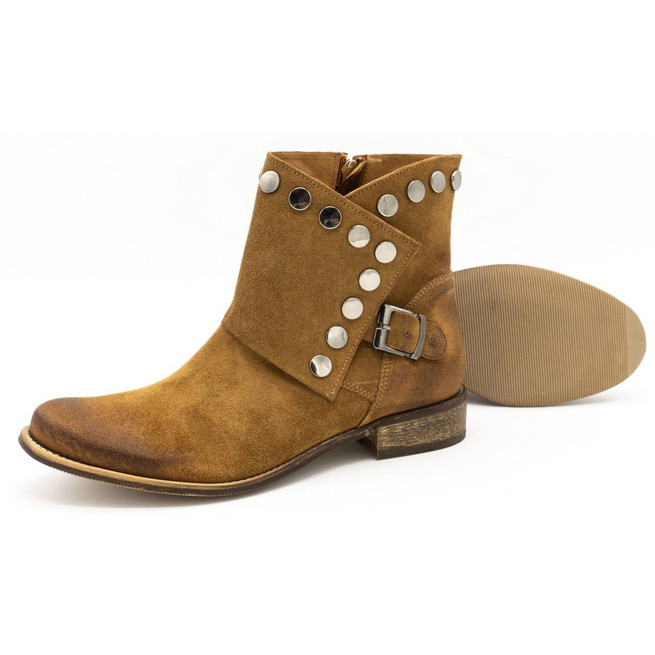 Skórzane botki damskie z ćwiekami 1198 camel