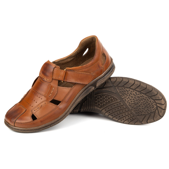 Buty męskie skórzane na rzep 937KOM brązowe