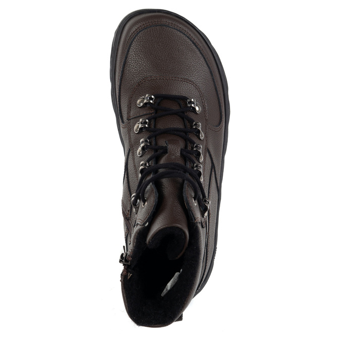 Buty barefoot zimowe damskie skórzane ocieplane wełną trapery brązowe 1292