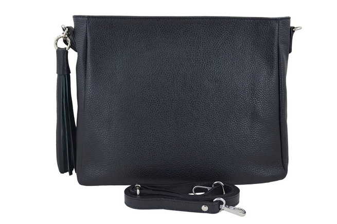 Pojemna skórzana torba z frędzlem - Czarna