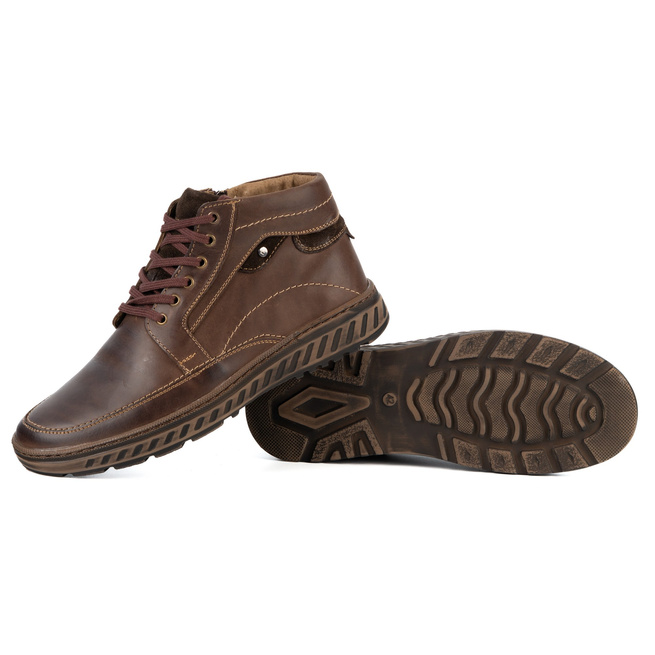 Trzewiki męskie ocieplane 964 K-38 brązowe skórzane wiązane na zamek