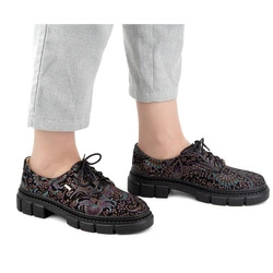 Półbuty damskie skórzane na grubej podeszwie kwiaty 1134 turkusowe