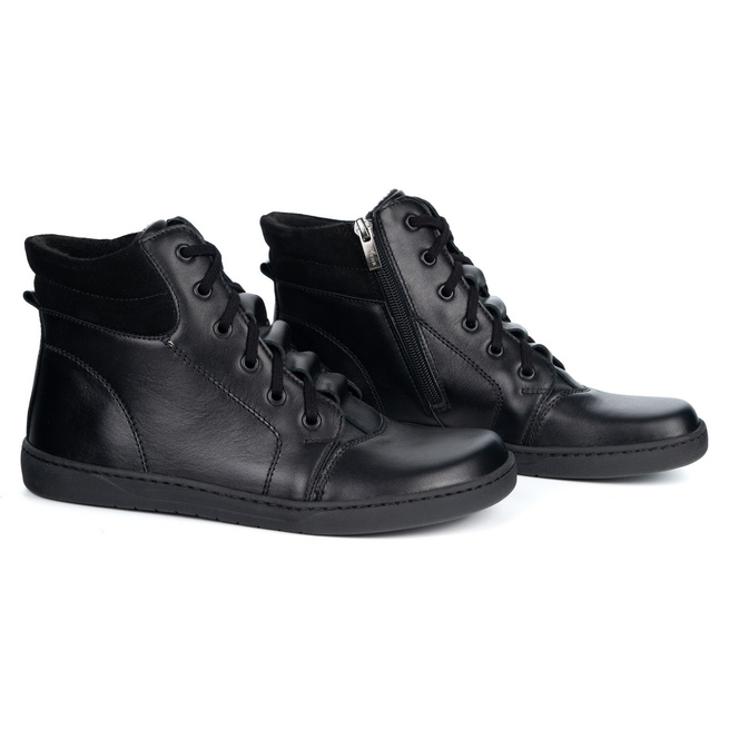Buty damskie barefoot zimowe skórzane Olivier WINTER czarne za kostkę z zamkiem
