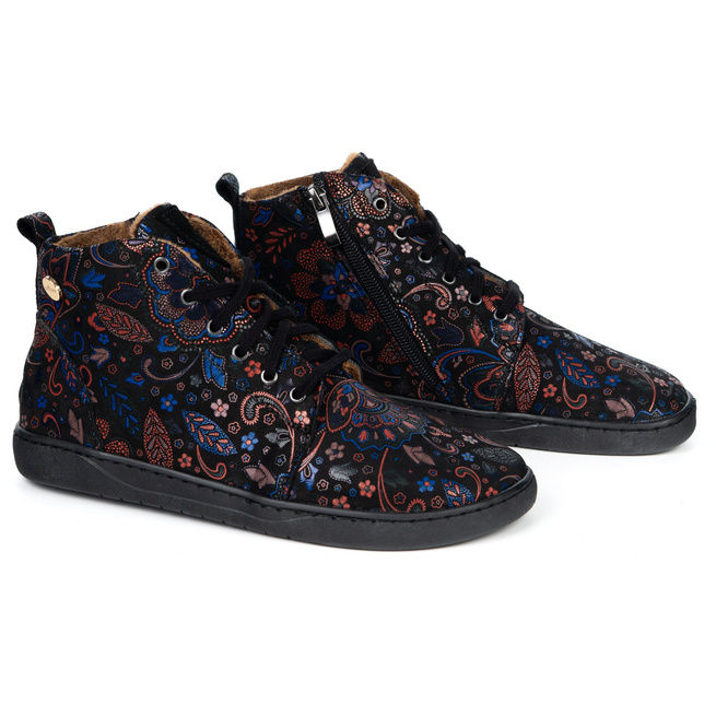 Dámské barefoot kožené zimní boty Z-B04 černé s barevnými vzory