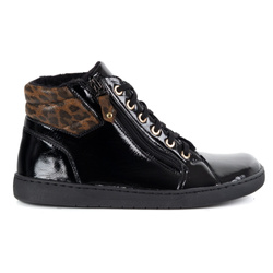 Damskie minimalistyczne buty skórzane zimowe barefoot 1293 czarny lakier z panterka 