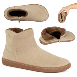 Damskie botki barefoot zimowe skórzane ocieplane futerkiem Olivier 202MP beżowe