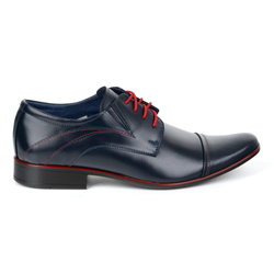 Buty męskie wizytowe granatowe 238lu skórzane z czerwonymi sznurówkami