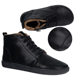 Damskie buty barefoot zimowe skórzane ZB04 ocieplane obuwie minimalistyczne czarne fala