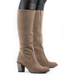 Skórzane kozaki damskie Olivier wysokie na obcasie ziemiste ciemno beżowe