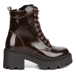 Botki damskie skórzane Olivier 404BB sznurowane na słupku z zamkiem brązowe