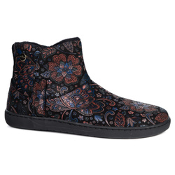 Damskie botki barefoot zimowe skórzane ocieplane futerkiem Olivier 202MP czarne w kwiaty