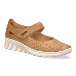 Skórzane półbuty damskie na rzepy Pollonus rudy+perforacja 5-1156-008