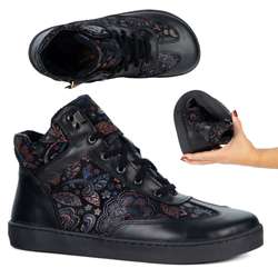 Buty BAREFOOT damskie zimowe 201MP ocieplane skórzane czarne we wzory